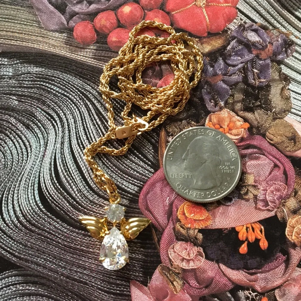 Cubic Zirconia Guardian Angel Protection Necklace Gold Tone NWOT